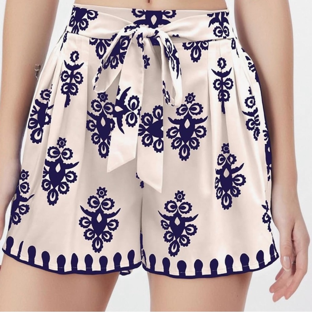 Women's Cream and Blue Patterned Shorts